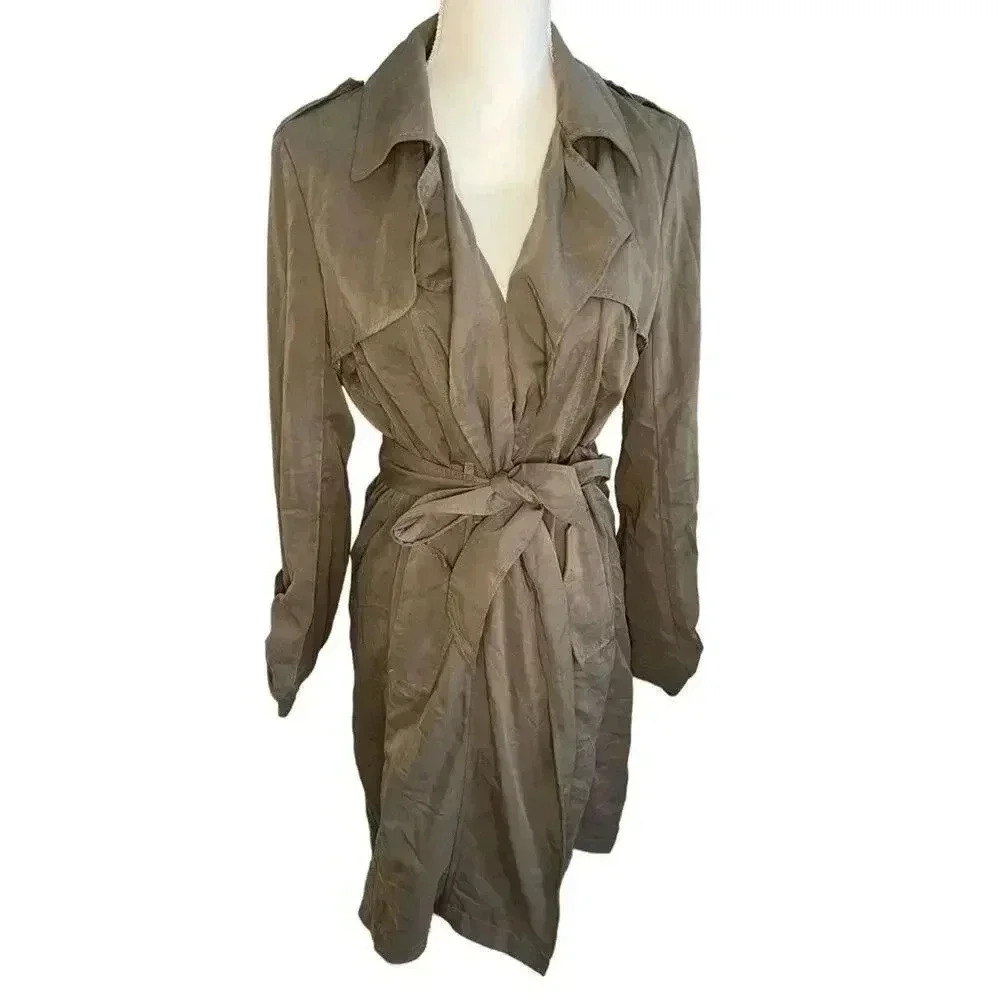 New York & Company Women’s Small Green Silky Tie‎ Closure Long Jacket